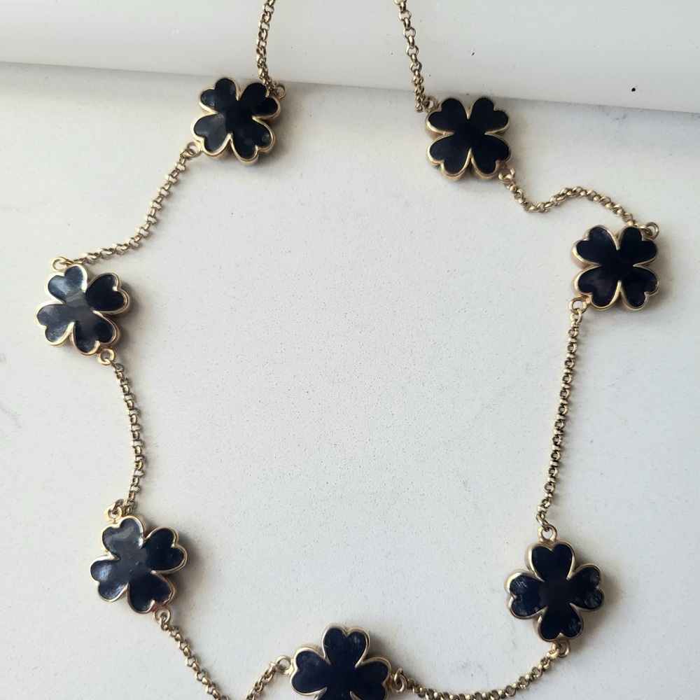 VINTAGE "LAUREN G ADAMS" 4 LEAF Blue and Gold Tone CLOVER NECKLACE 16” plus 2”.